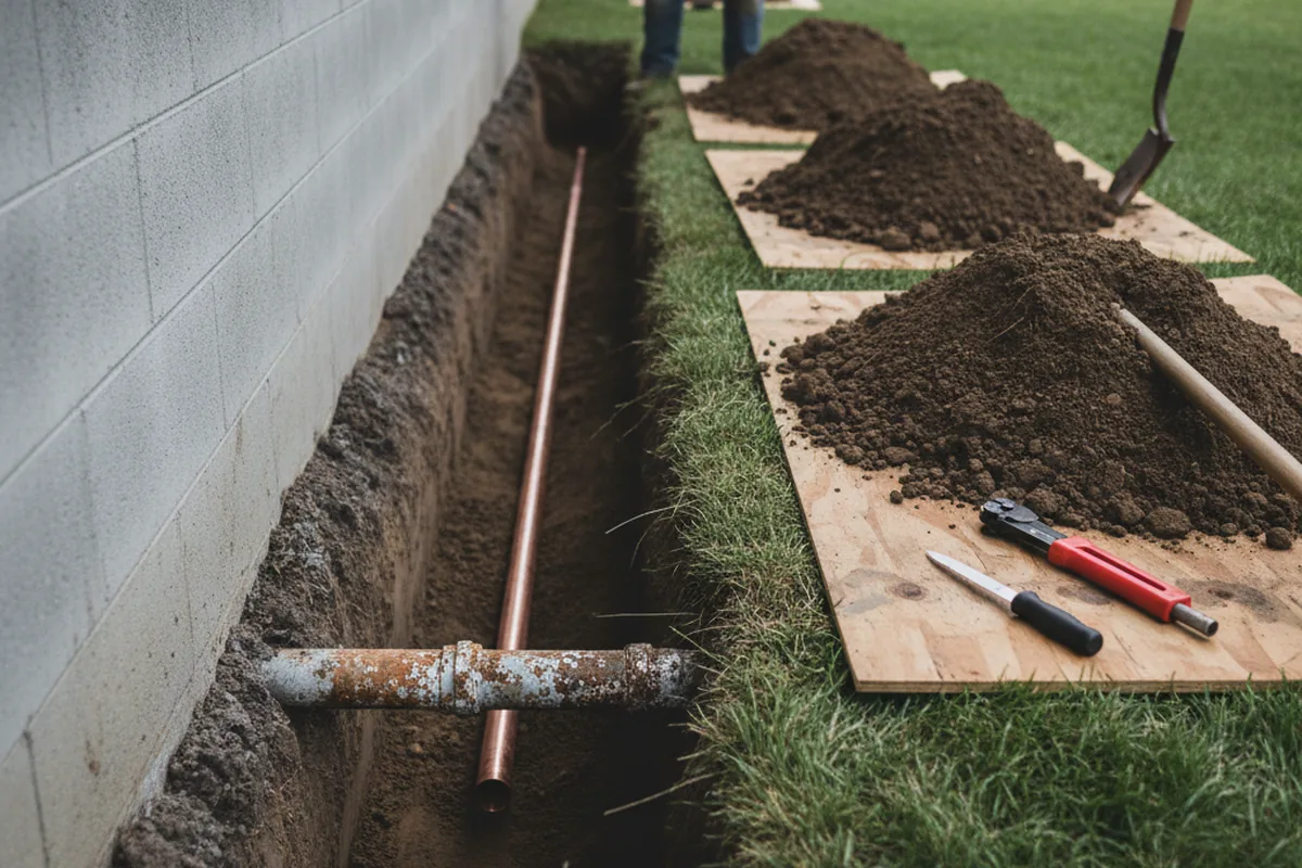 Excavated water line trench during Water Heater Repair in Shutesbury